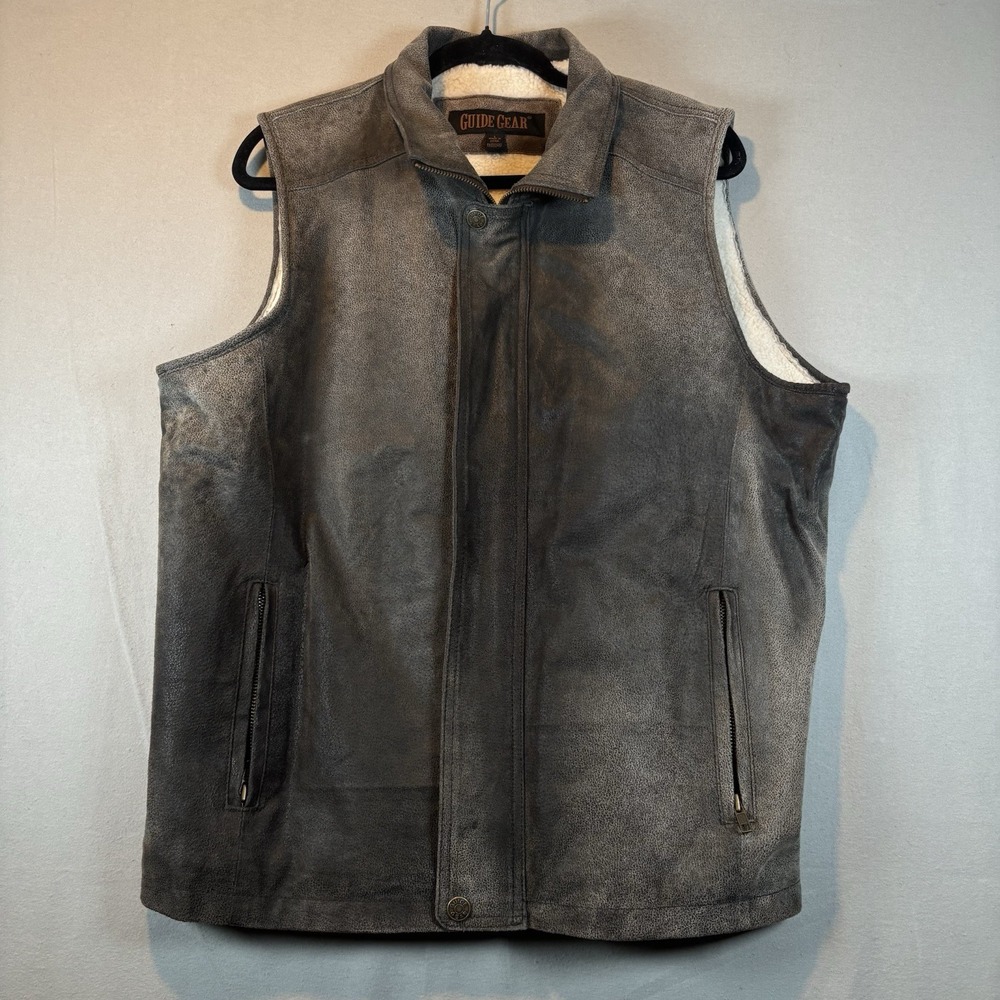 Guide Gear Genuine Leather‎ Vest Mens Large Brown, Sherpa Lined Zip Pockets